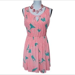 Pink Owl neon orange and teal green scoop neck dress Lg